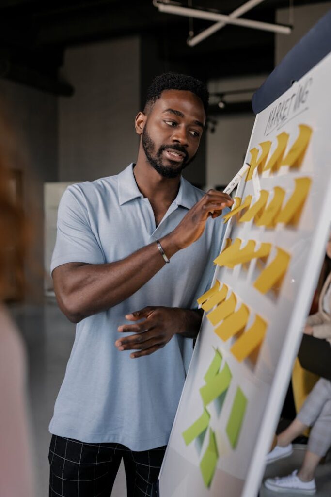 pexels-photo-7710088 Confident African American man presenting business strategy using sticky notes on whiteboard.